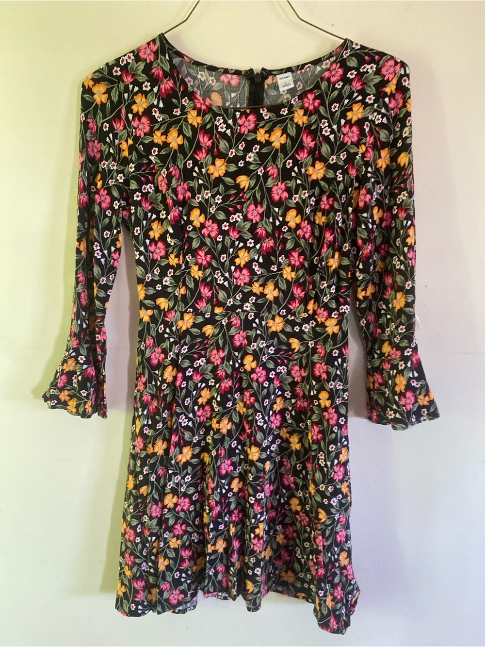 Old Navy Black Floral Long Sleeve Twirl Dress with Pink & Yellow Flowers